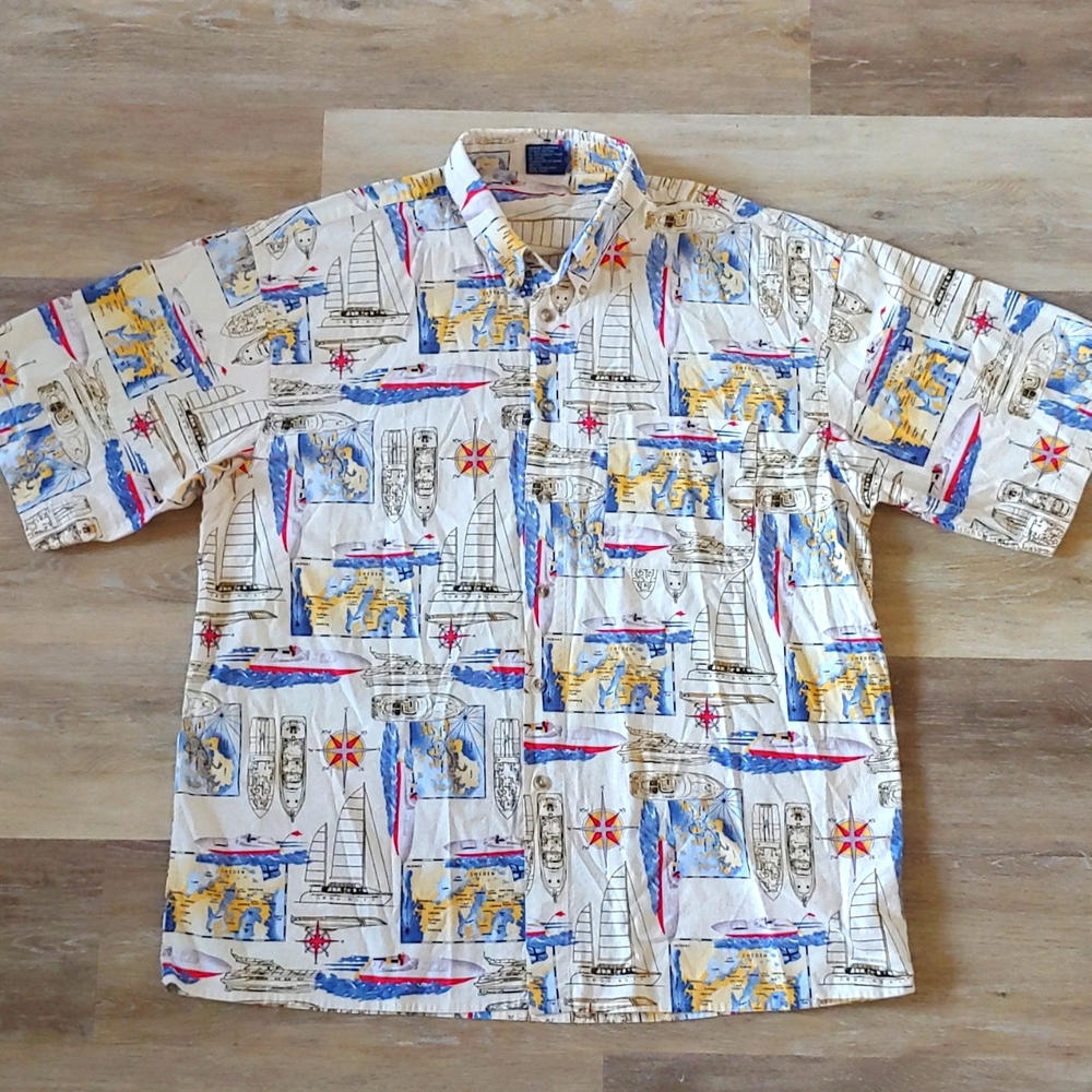 212 NYC Hawaiian Nautical Graphic Button Down Aloha Shirt Size XXL